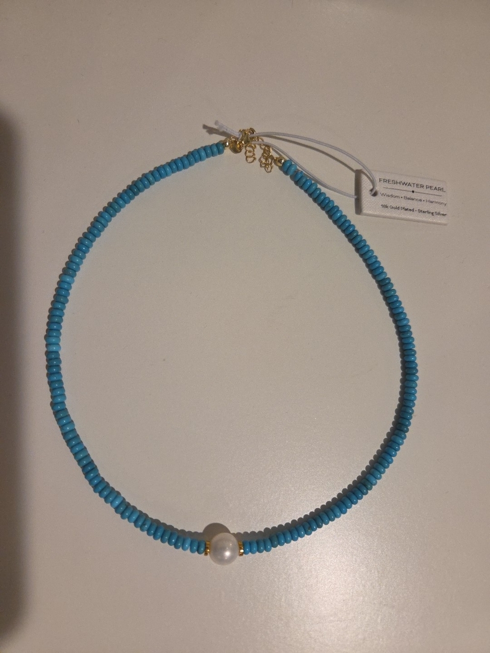 Turquoise Bead Necklace with Freshwater Pearl & Gold Accents